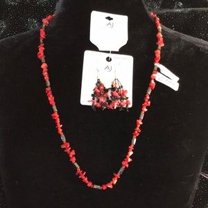 NWT Set  Coral magnetic necklace & earrings semi precious stones long 36-in